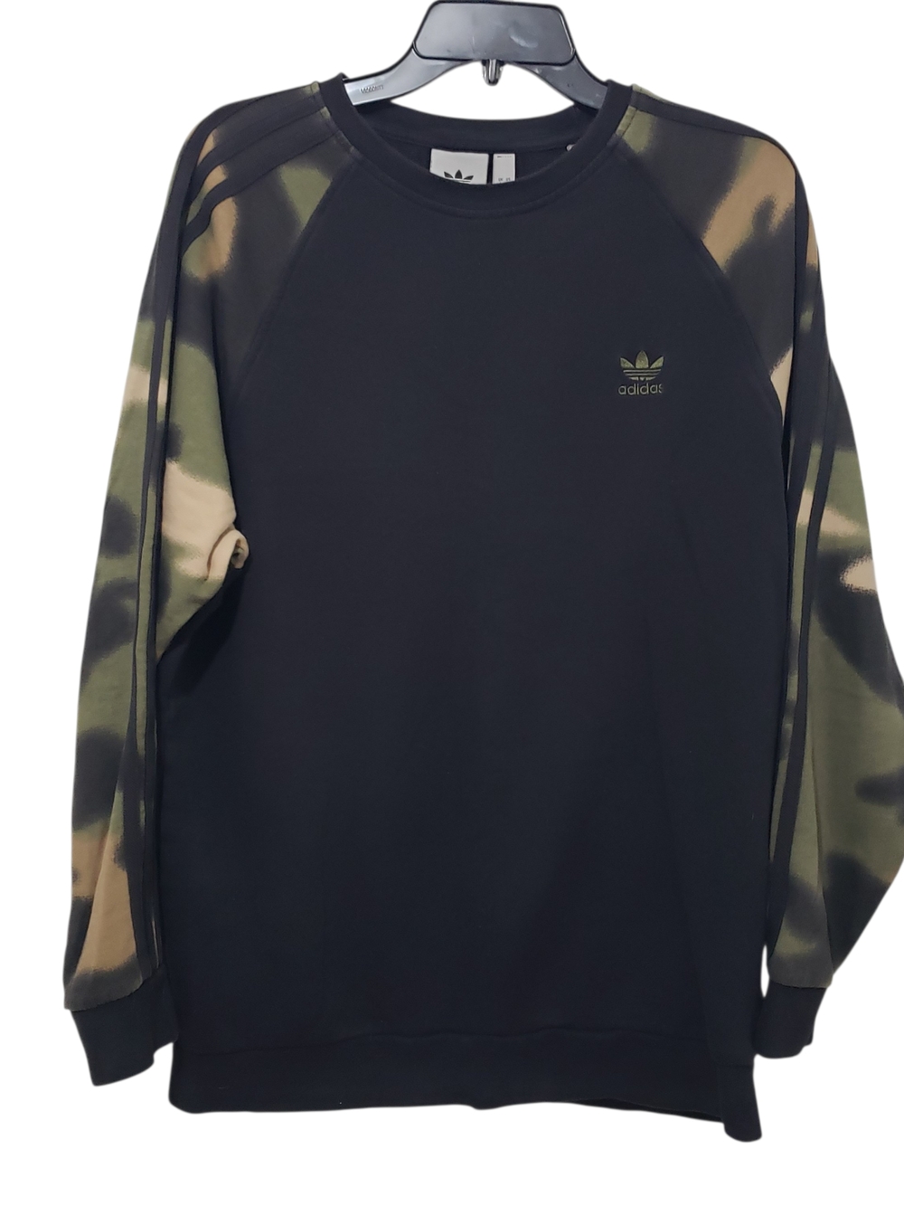 ADIDAS Black Crewneck Sweater with Green Camo Sleeves | Mens Large